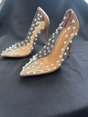 Iadore PVC  Clear Pearl-Studded Pointed Pump Shoes Nude Trim, Size 6